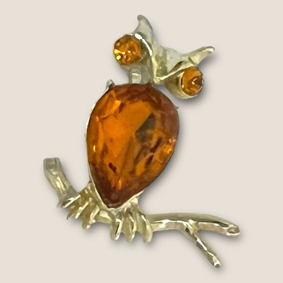 Vintage Dodds Owl BROOCH PIN Amber Rhinestone - Picture 4 of 5